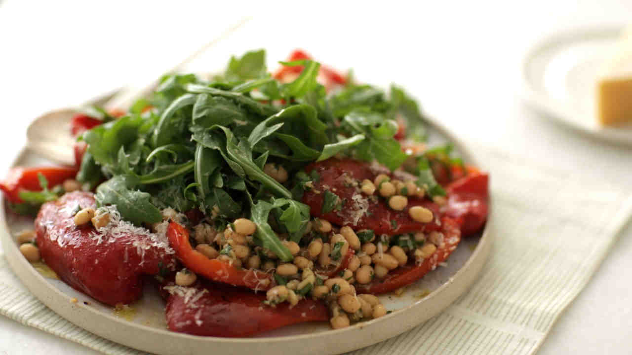 Video Roasted Red Pepper Salad With Anchovy White Beans Martha