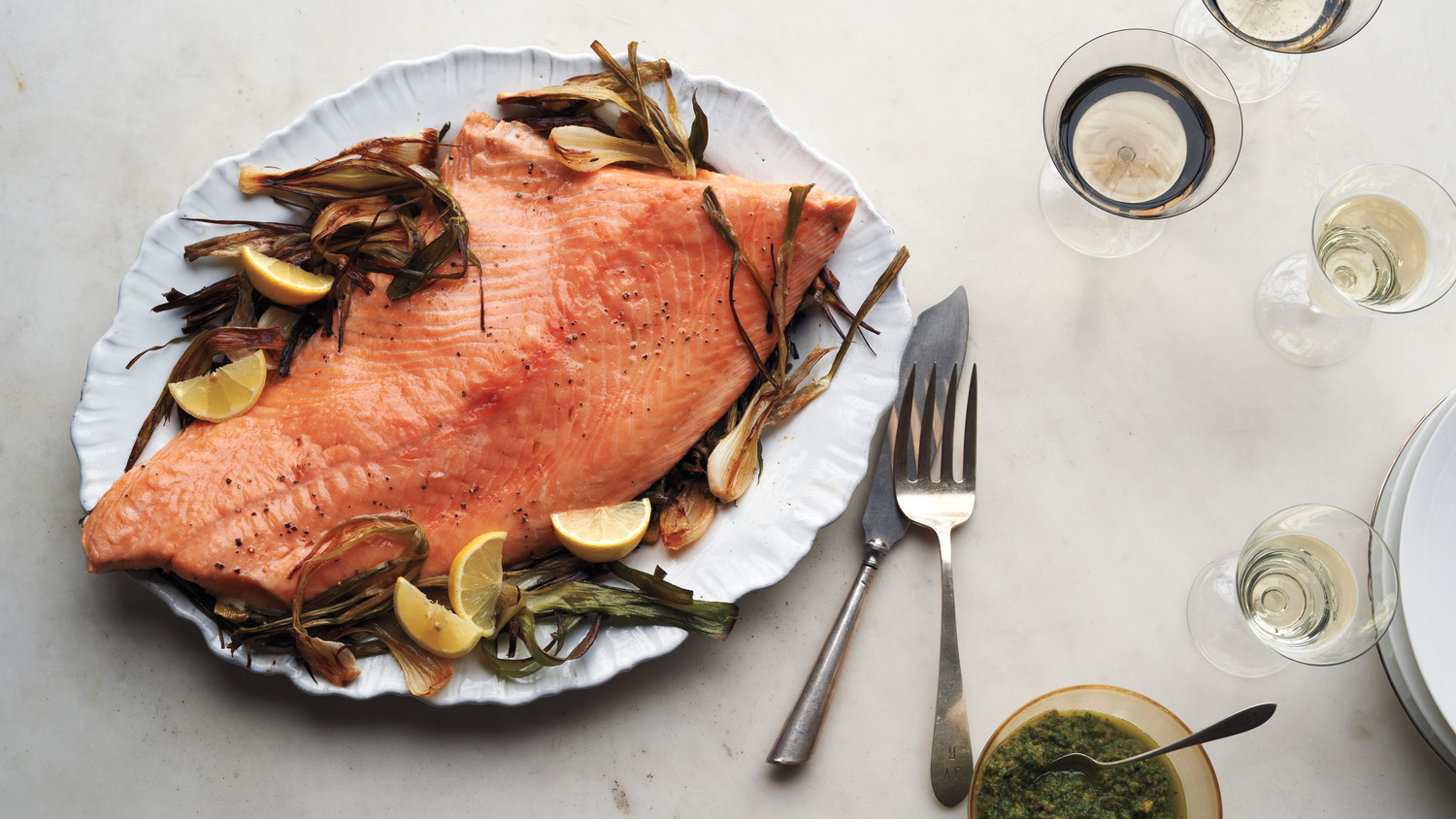 Roasted Salmon and Spring Onions with MintCaper Pesto Recipe Martha
