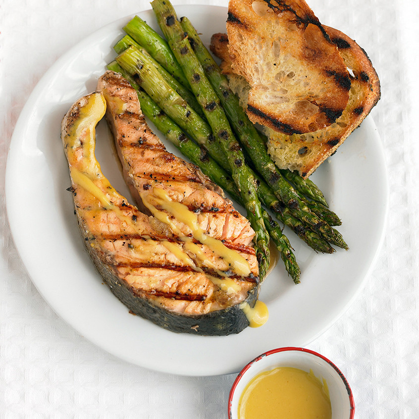 Grilled Salmon Steaks with Mustard Sauce and Asparagus