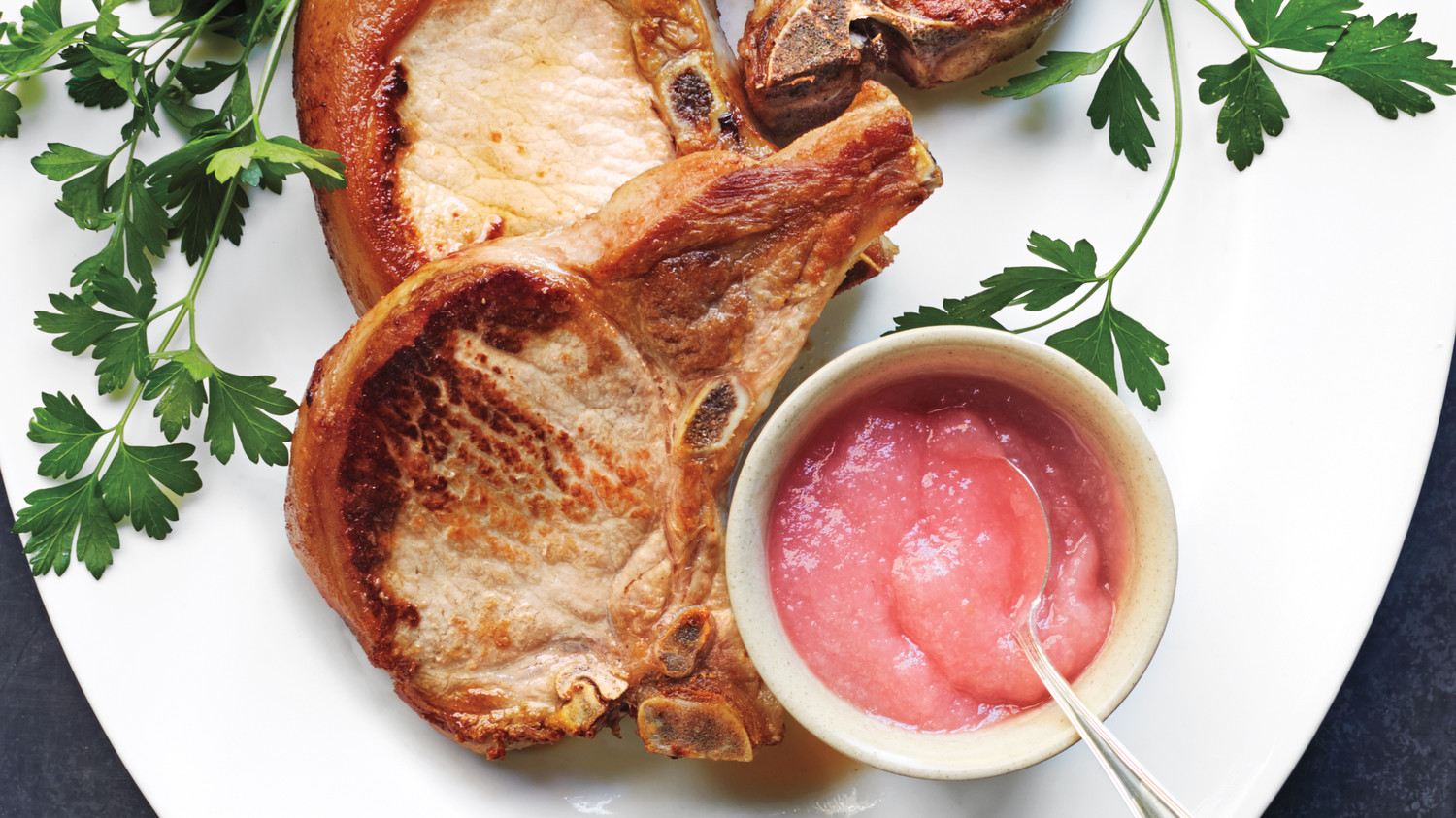 OrangeandRosemaryBrined Pork Chops with Applesauce Recipe Martha