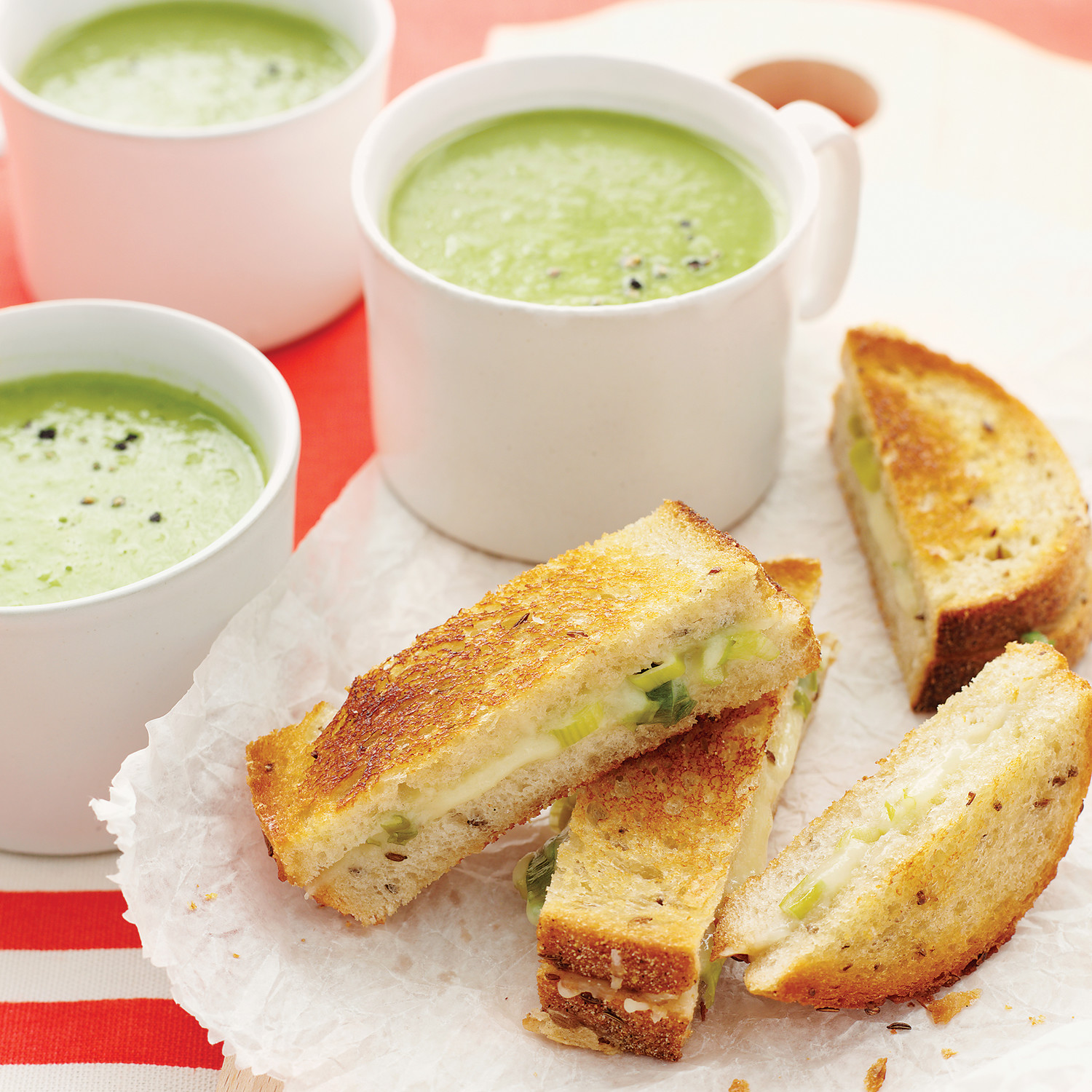 GreenPea Soup with CheddarScallion Panini