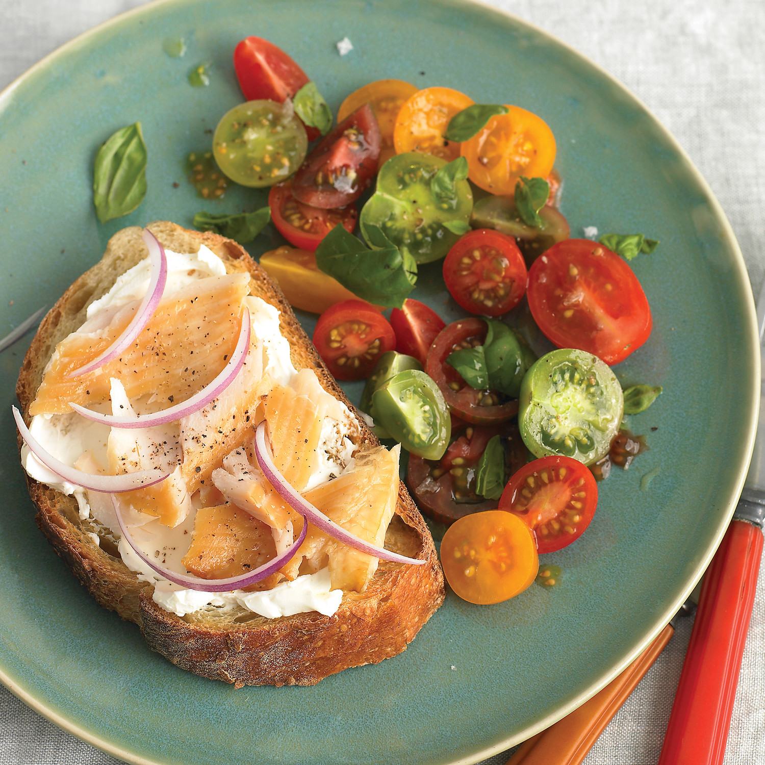 Smoked Trout on Toast with Tomato Salad
