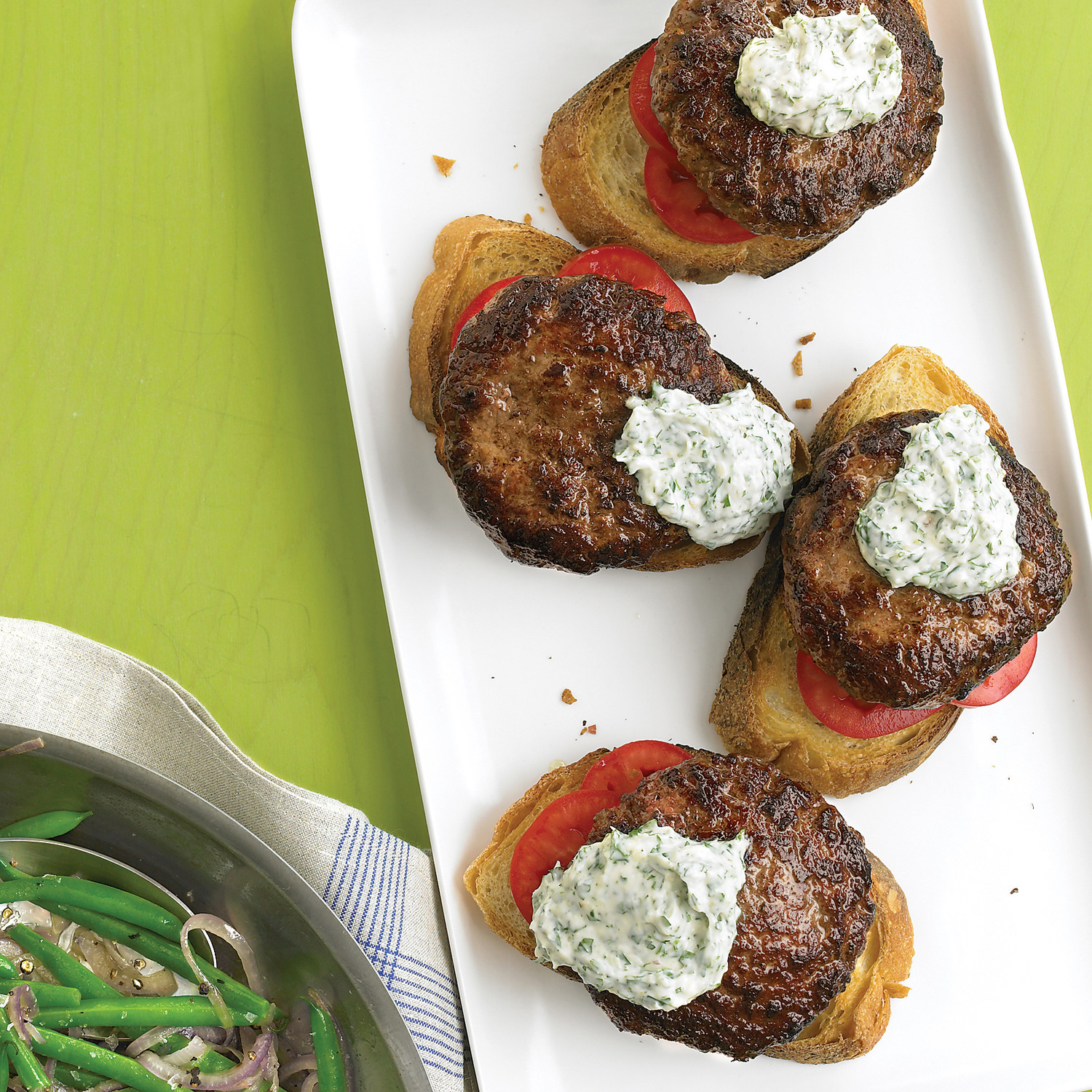 OpenFaced Burgers with Horseradish Sauce and Green Beans