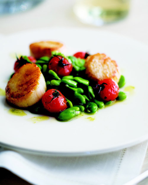 Grilled Scallops with Fava Beans and Roasted Tomatoes Recipe & Video