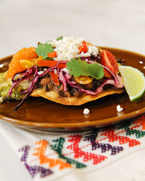 Chicken Tomatillo Tostadas with Refried Black Beans and Cabbage-Pepper Slaw Recipe &amp; Video