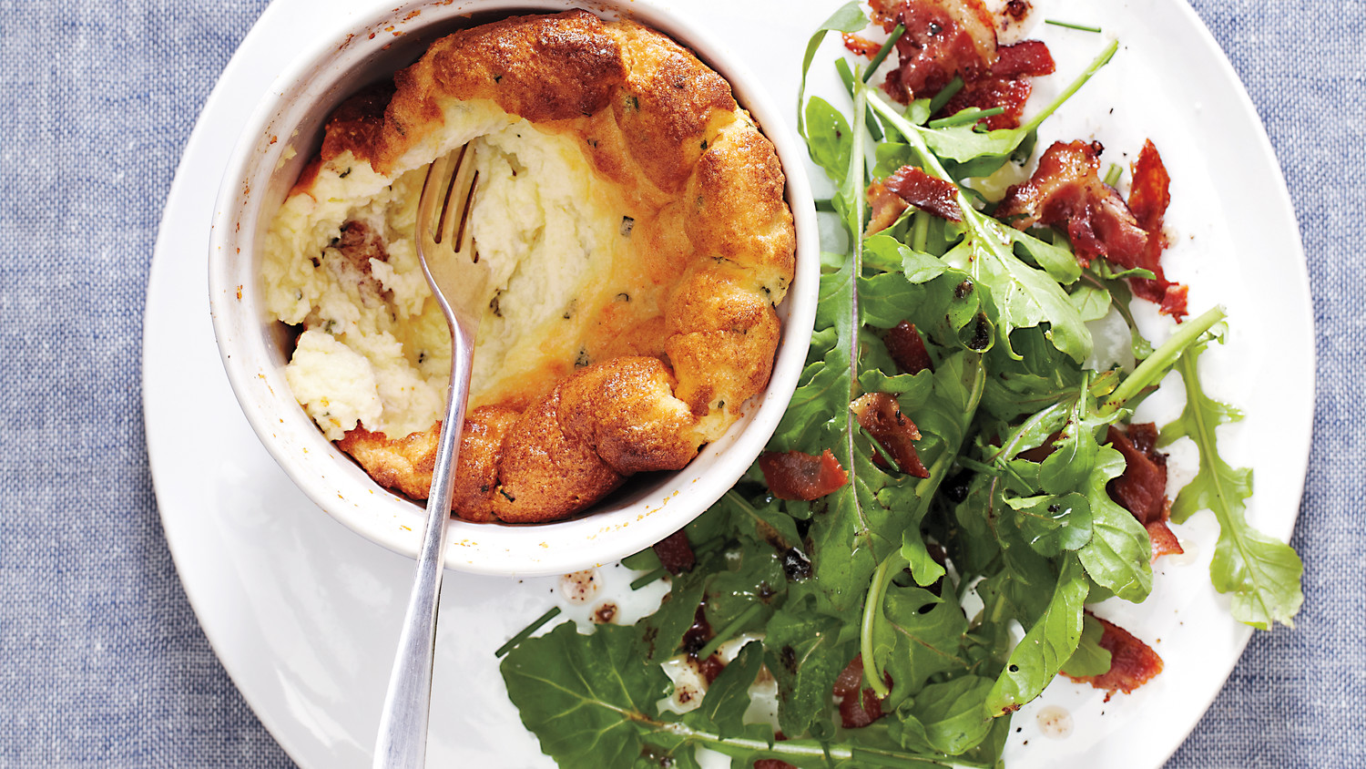 Cheese Souffles with Bacon Arugula Salad