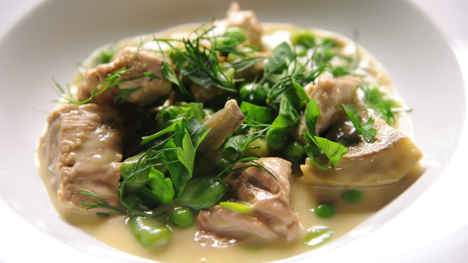 Veal Stew with Artichoke Hearts, Fava Beans, and Peas