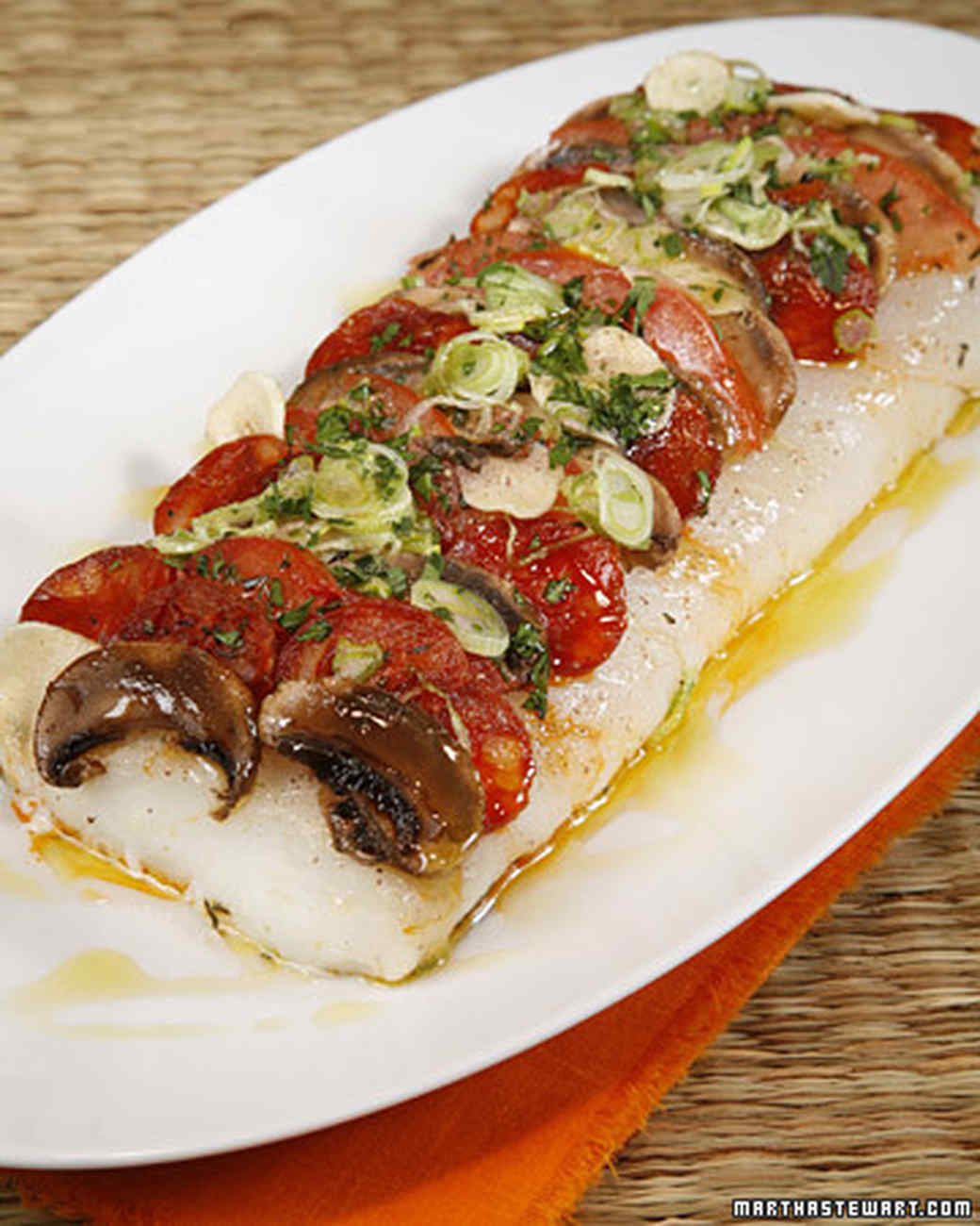 Pizza of Roasted Cod Spiked with Chorizo, Tomatoes, and Mushrooms ...
