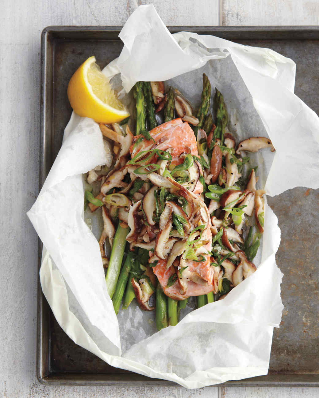 Wild Salmon, Asparagus, and Shiitakes in Parchment Recipe & Video