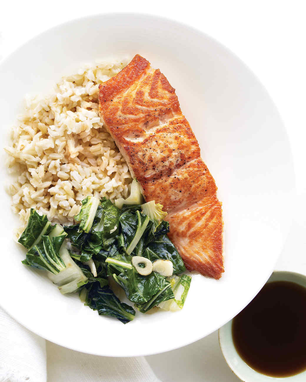 asian with Seared greens salmon