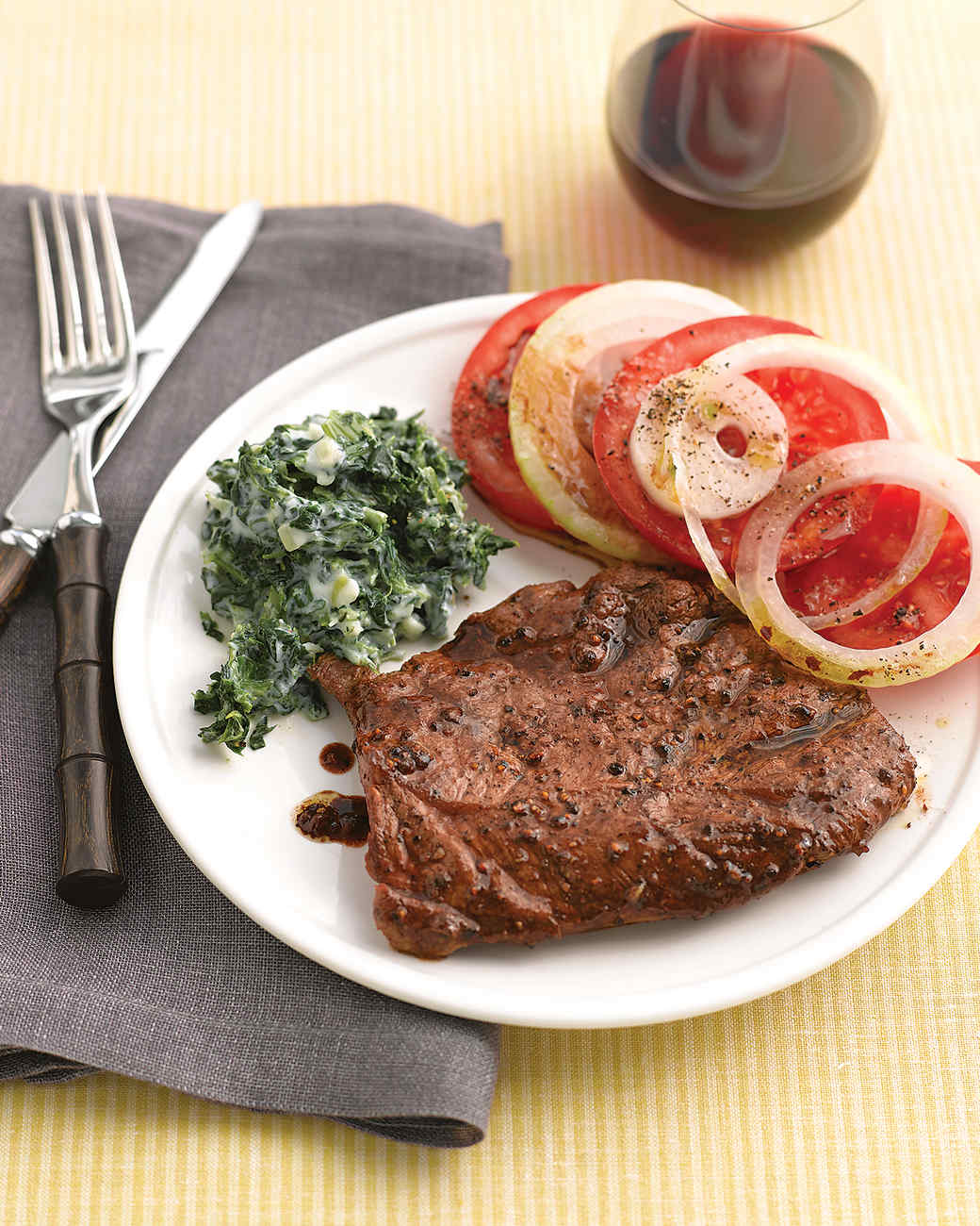 Seared Steaks with Tomato Salad and Creamy Spinach Recipe & Video Martha Stewart