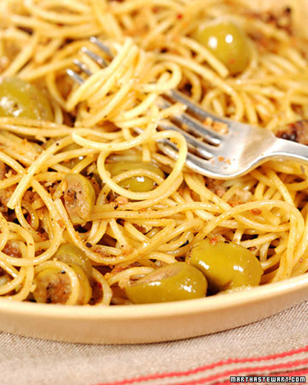 Spaghetti with Green Olive Sauce Recipe & Video | Martha Stewart