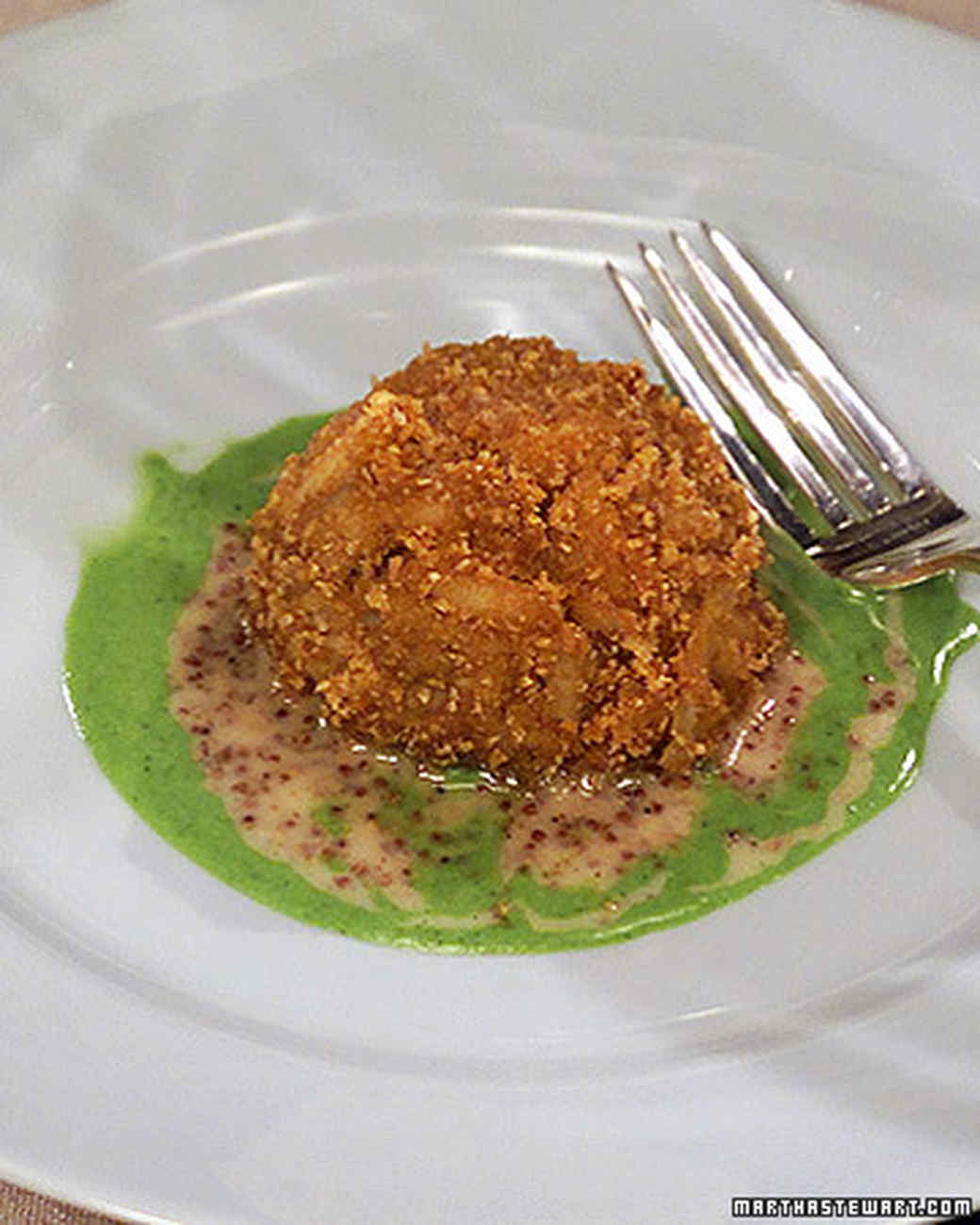Crab Cakes with Grainy Mustard and Scallion Sauces Recipe | Martha Stewart