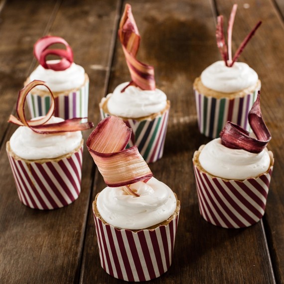 Rhubarb tuiles on cupcakes