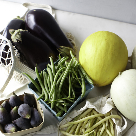 Late summer produce: eggplants, melons, figs, string beans Late summer produce: eggplants, melons, figs, string beans