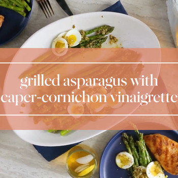 How to Make Grilled Asparagus with Caper-Cornichon Vinaigrette Thumbnail