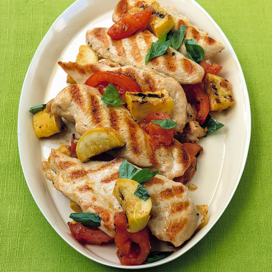 Grilled Chicken Cutlets with Squash and Tomatoes