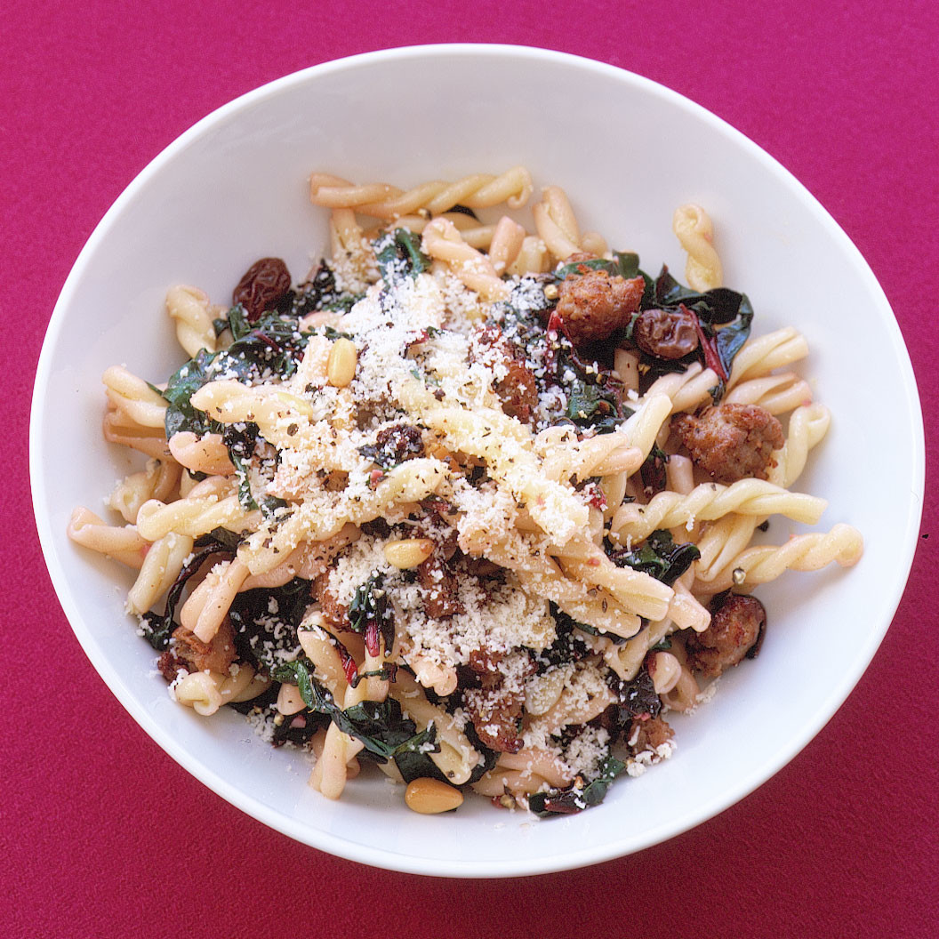 Gemelli With Sausage, Swiss Chard, and Pine Nuts