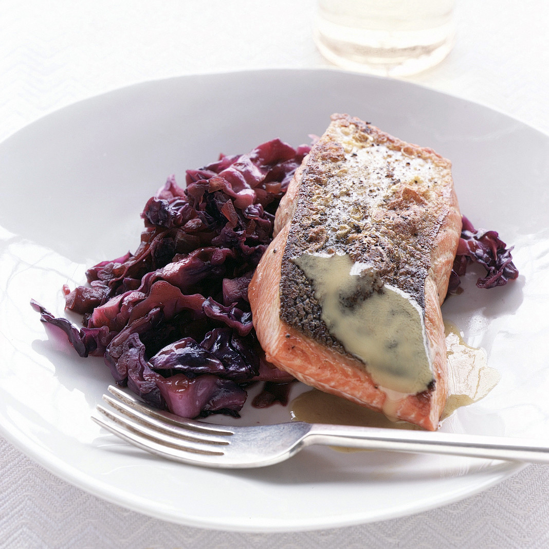 Crisp Salmon with Braised Red Cabbage and Mustard Sauce