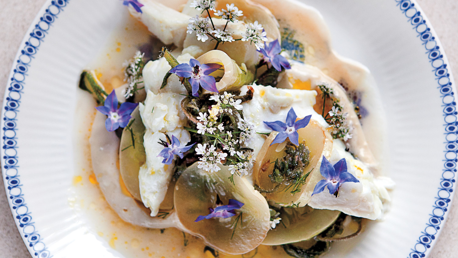 Gently Steamed Fish with Cucumber, Borage, and Tahini Sauce Recipe