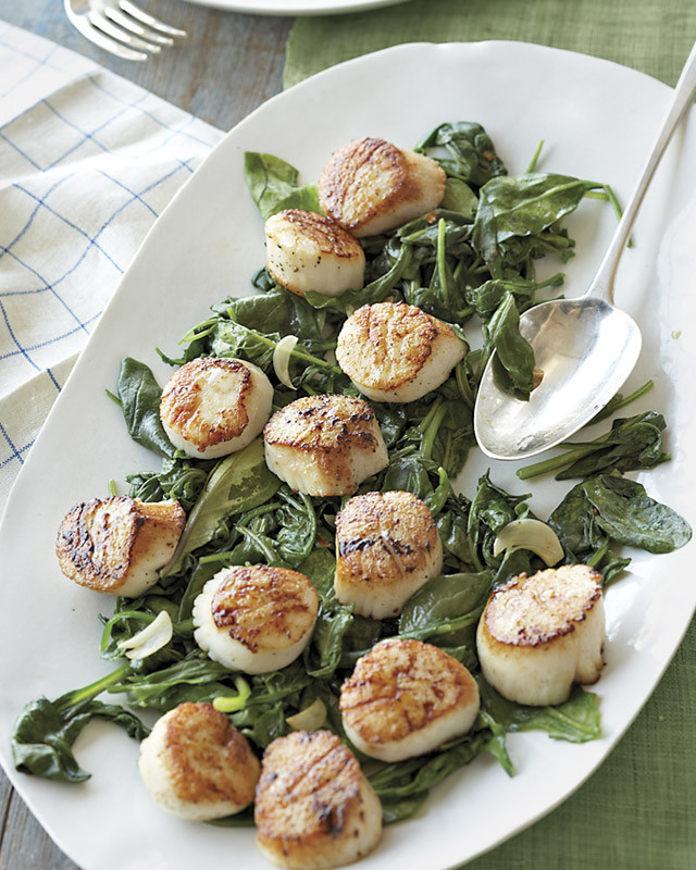 Scallops with Wilted Spinach and Arugula