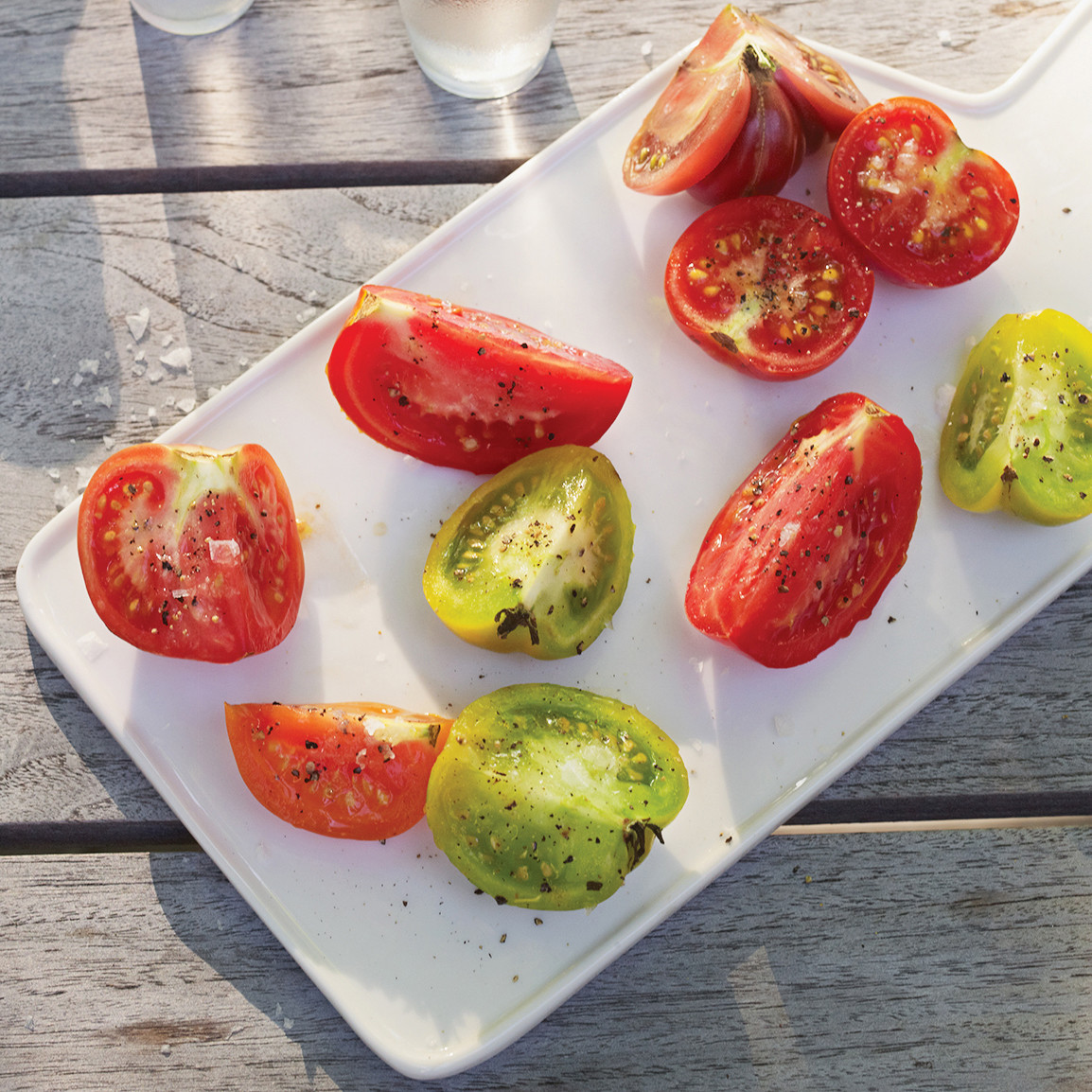 Tomato Wedges with Flaked Sea Salt, Pepper, and Chilled Vodka