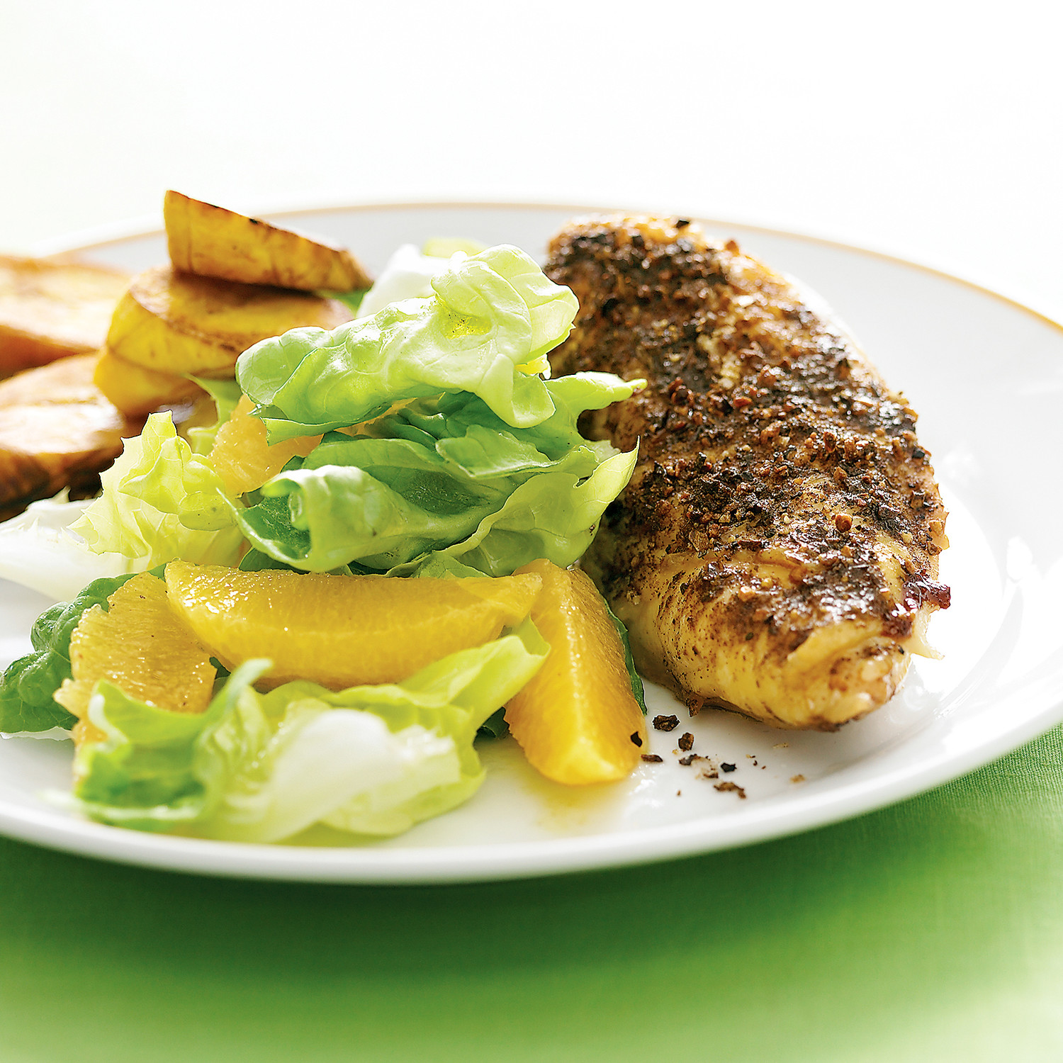 Jerk Chicken Breasts, Fried Plantains, and Bibb Salad