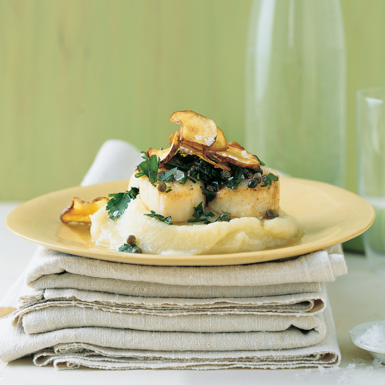 Scallops with Cauliflower Puree, Parsley, and Capers