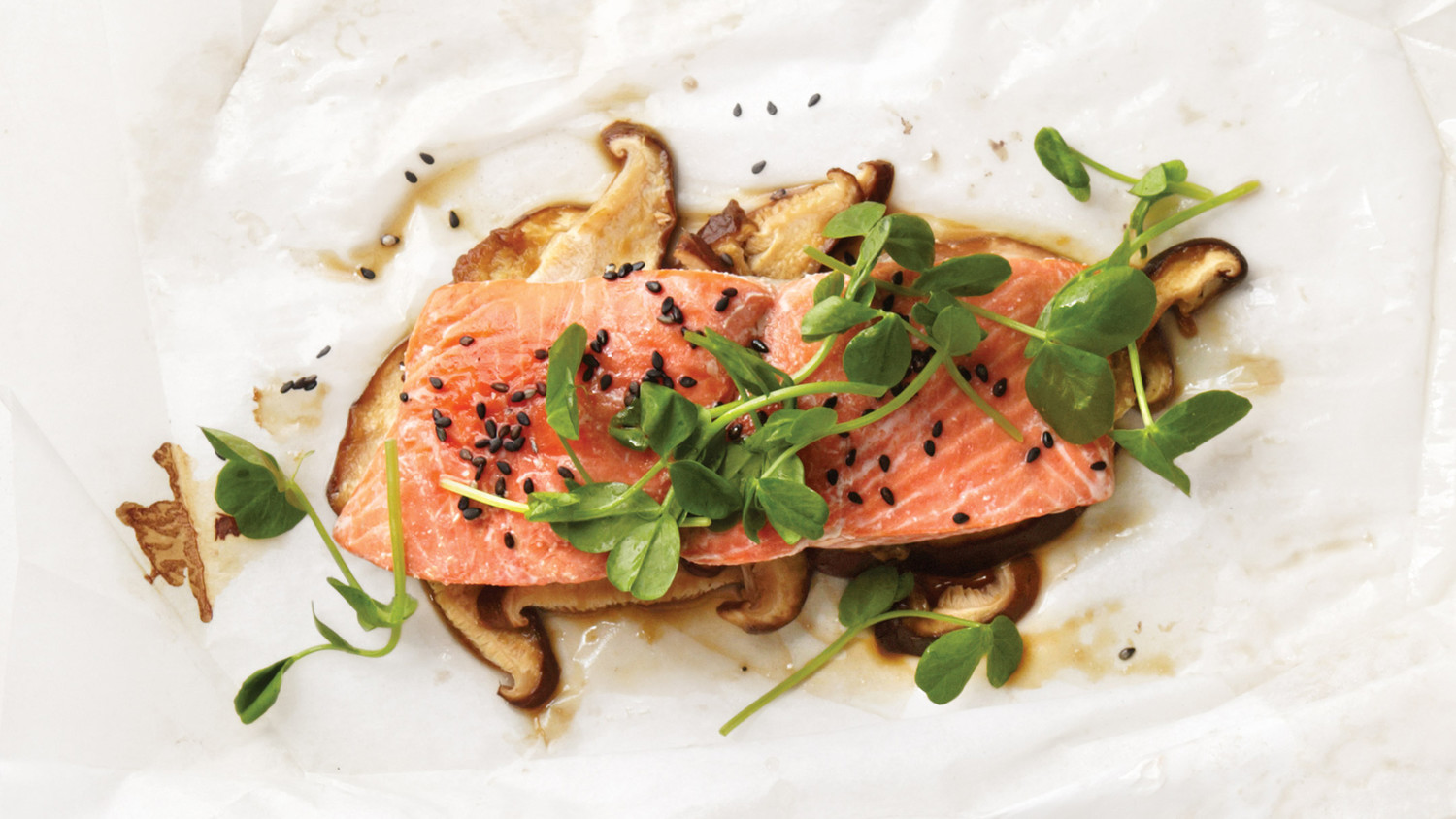 Sesame Salmon with Shiitake Mushrooms and Pea Shoots