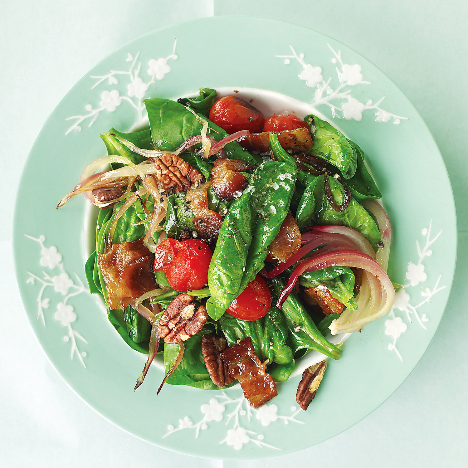 Warm Spinach Salad with Bacon, Tomatoes, and Pecans
