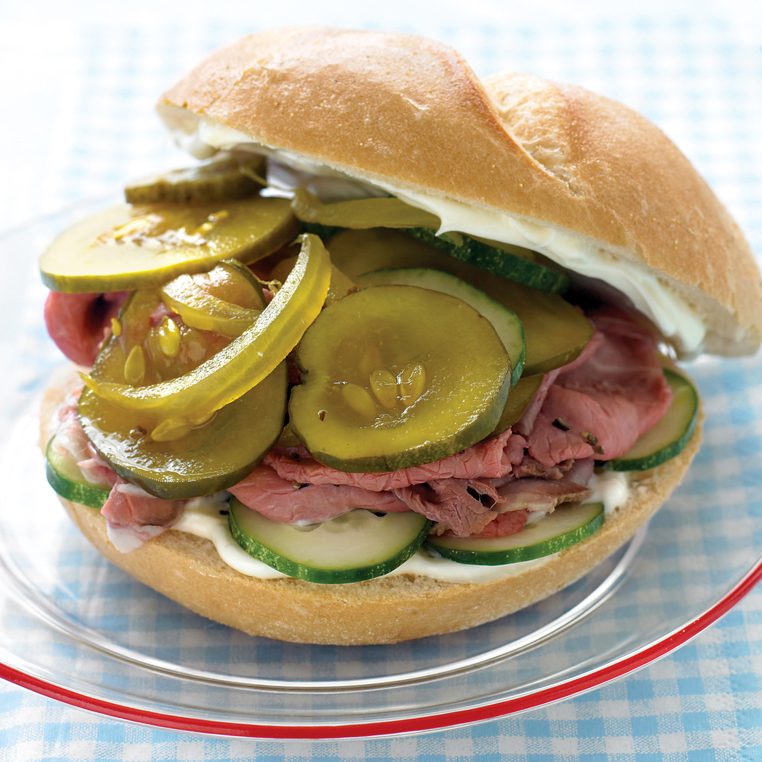 roast beef sandwich with cukes and pickles