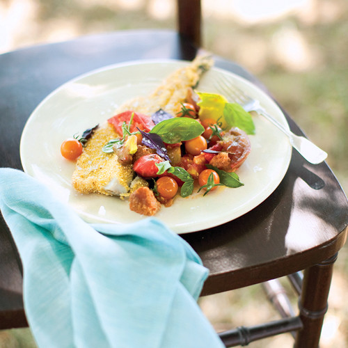 CornmealFried Trout with Tomato, Sorrel, and Basil Panzanella
