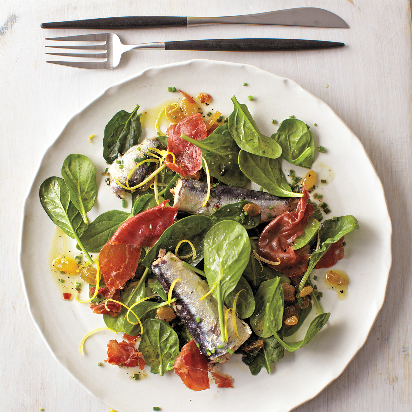 Spinach Salad with Sardines and Crispy Prosciutto