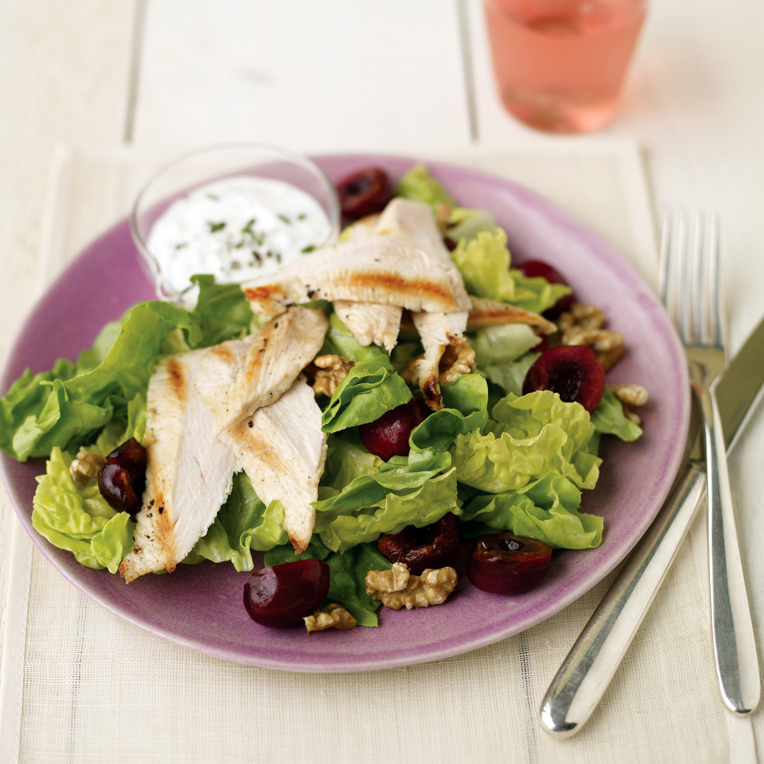 SearedChicken Salad with Cherries and Goat Cheese Dressing