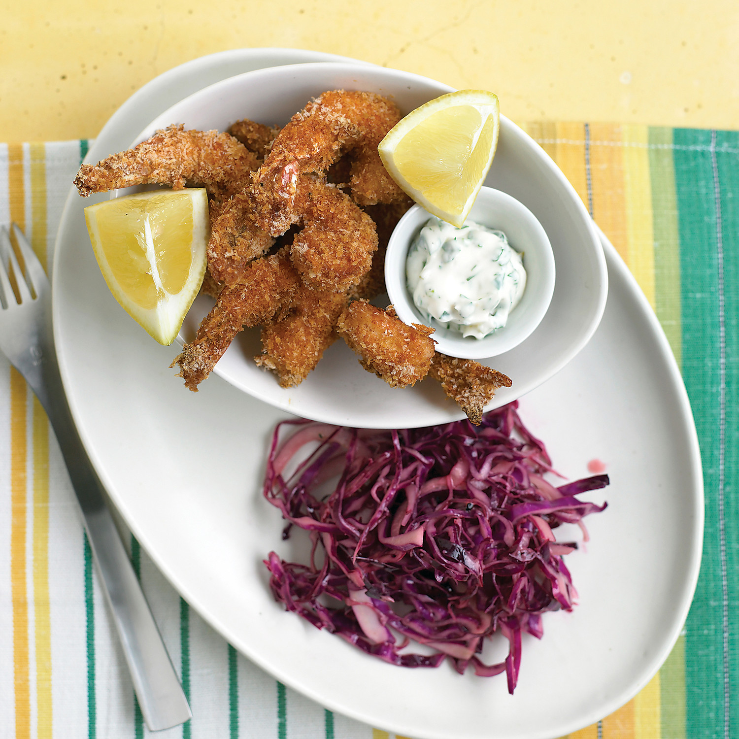 Crispy Shrimp with Tartar Sauce and RedCabbage Slaw
