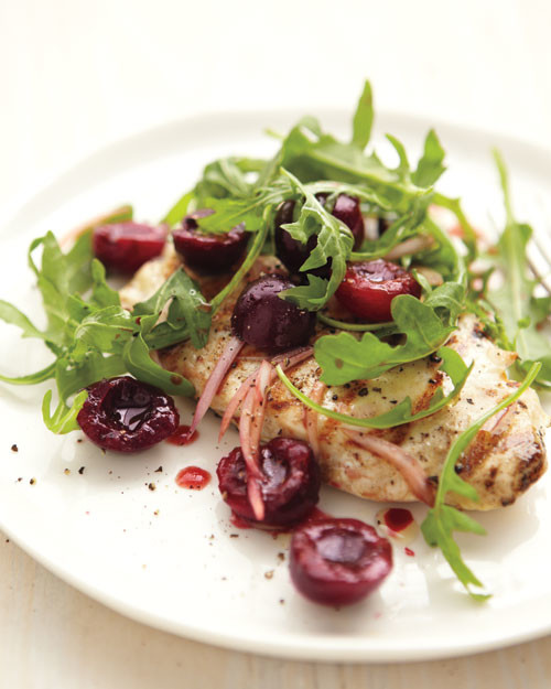 Grilled Chicken With Cherries Shallots And Arugula