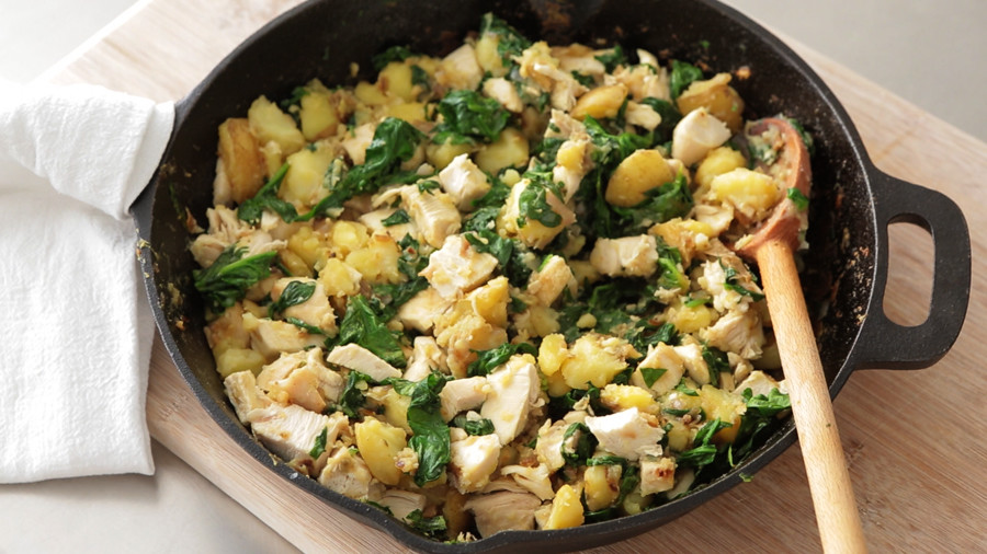 Video Chicken, Potato, and Spinach Hash Martha Stewart