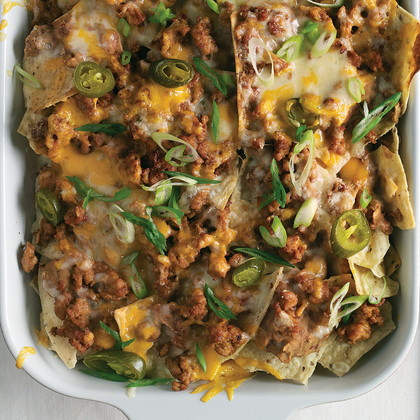Spicy Sausage, Bean, and Cheese Nachos