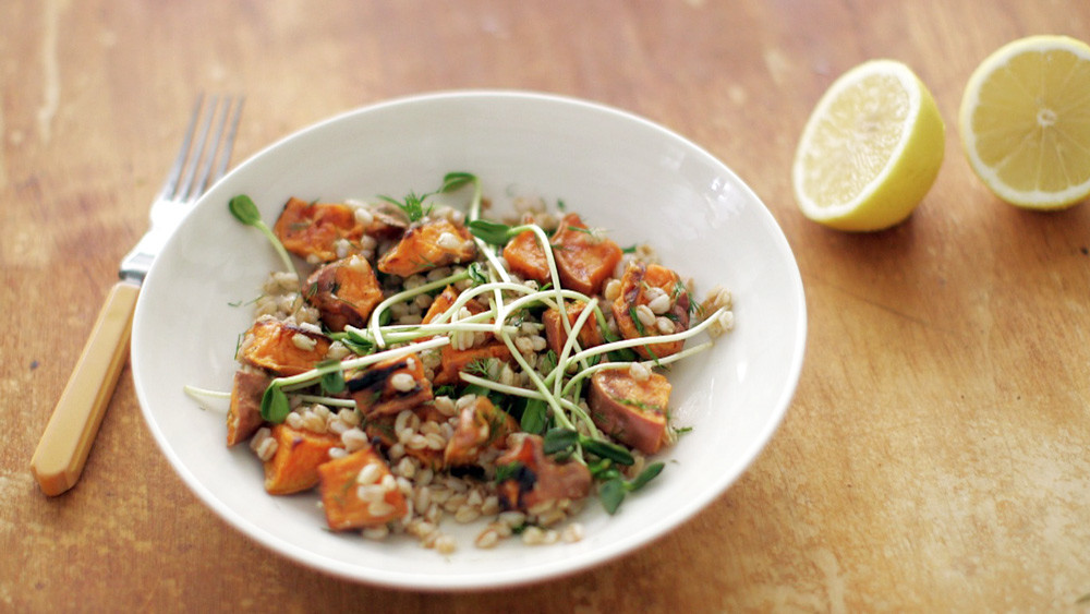 Video Roasted Sweet Potato and Farro Salad Martha Stewart
