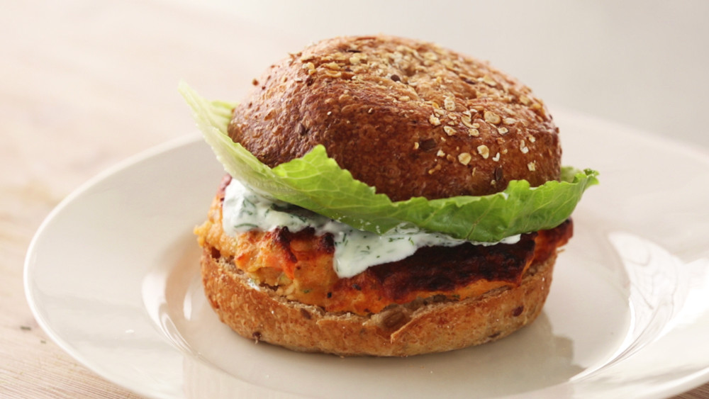 Video Salmon Burgers with Yogurt Dill Sauce Martha Stewart