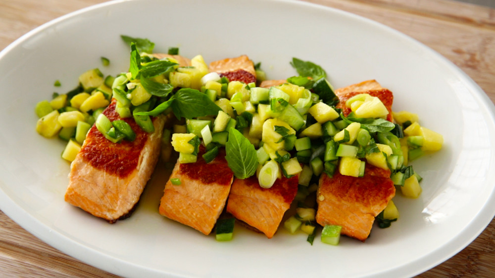 Video Salmon with Spicy CucumberPineapple Salsa Martha Stewart