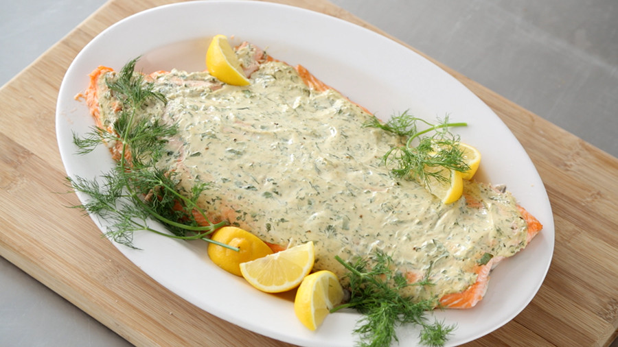 Video Roasted Salmon with Herbed Greek Yogurt Martha Stewart