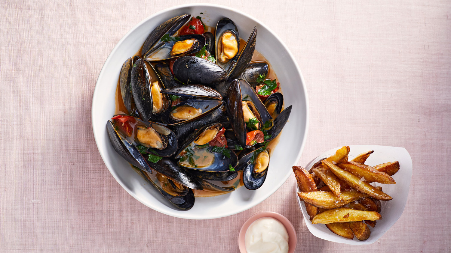 Brothy Mussels with Oven Fries