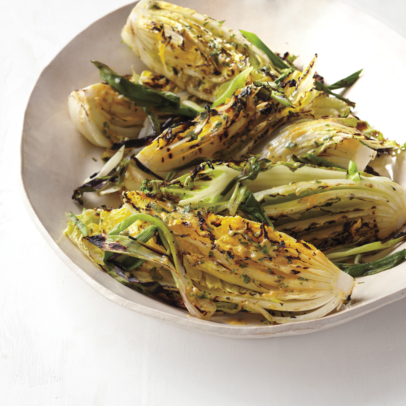 Grilled Napa Cabbage with Chinese Mustard Glaze and Scallions