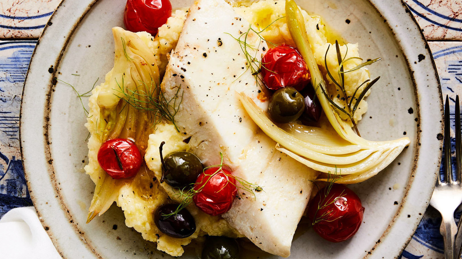 Oil-Poached Halibut With Fennel, Tomatoes, and Olives
