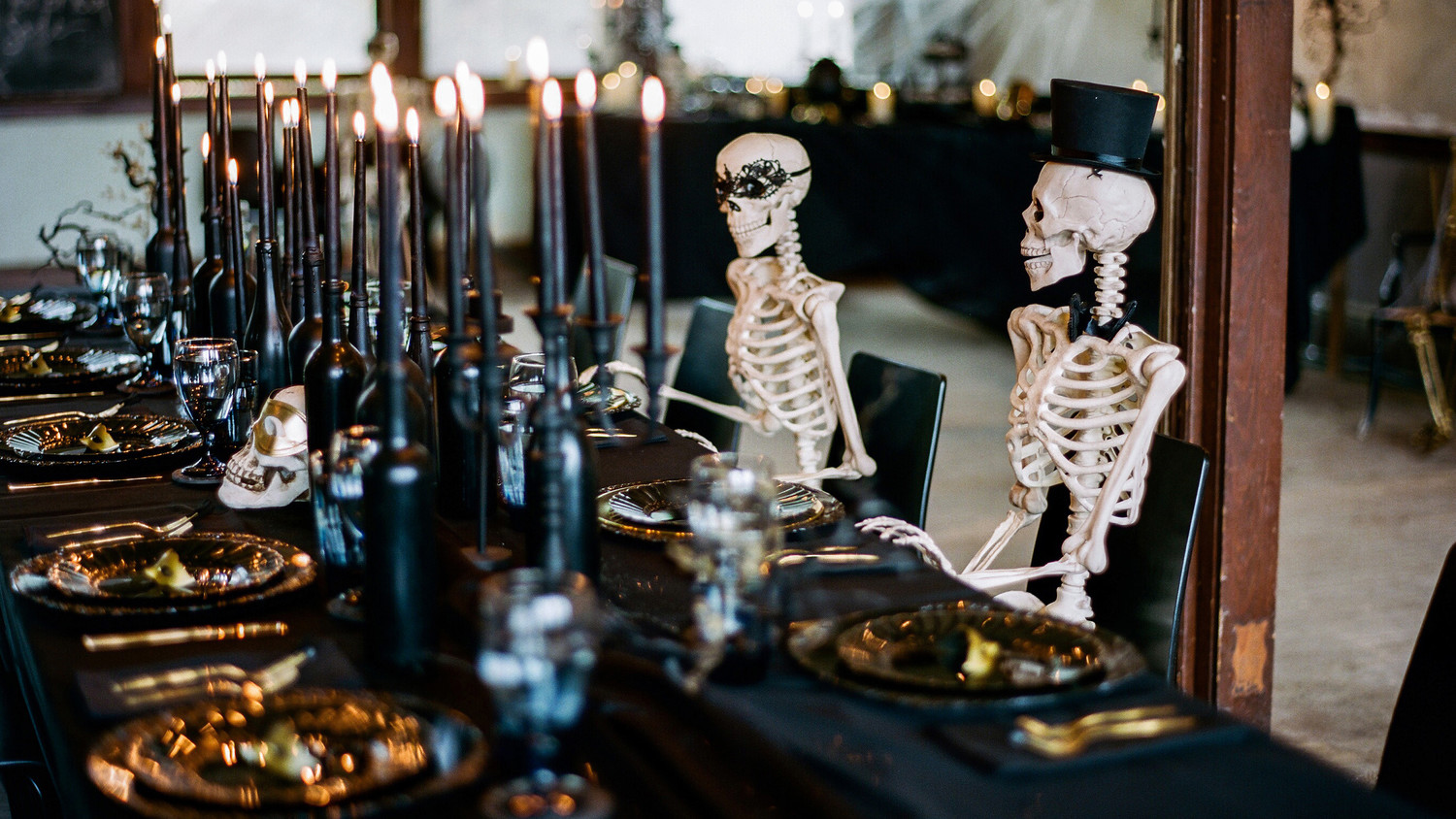 eli skeleton masquerade birthday party decor table with candles place settings