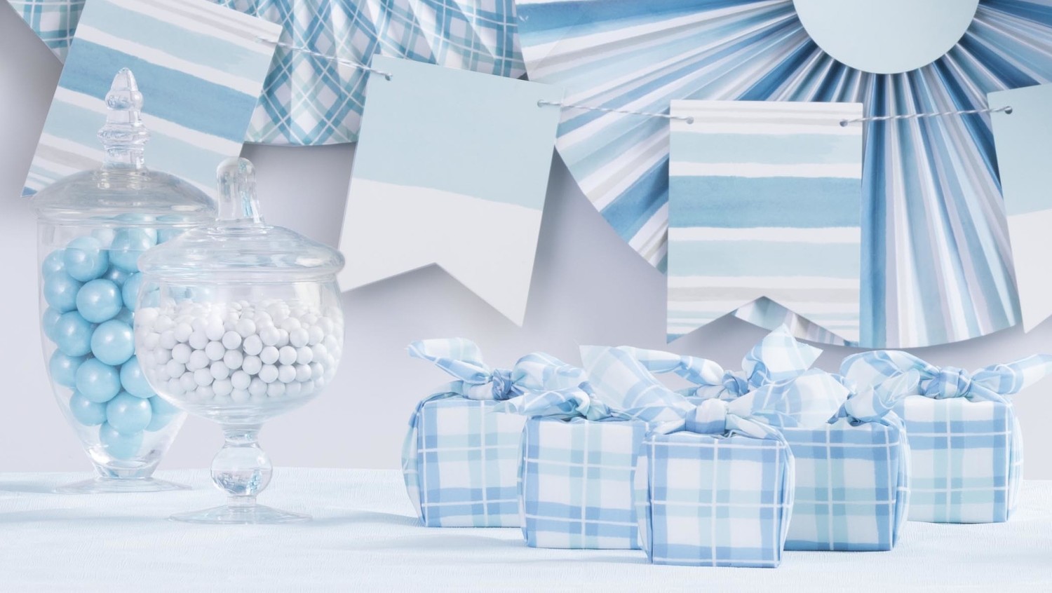 celebrations crafts blue ombre party favor boxes and candy on display with decorations