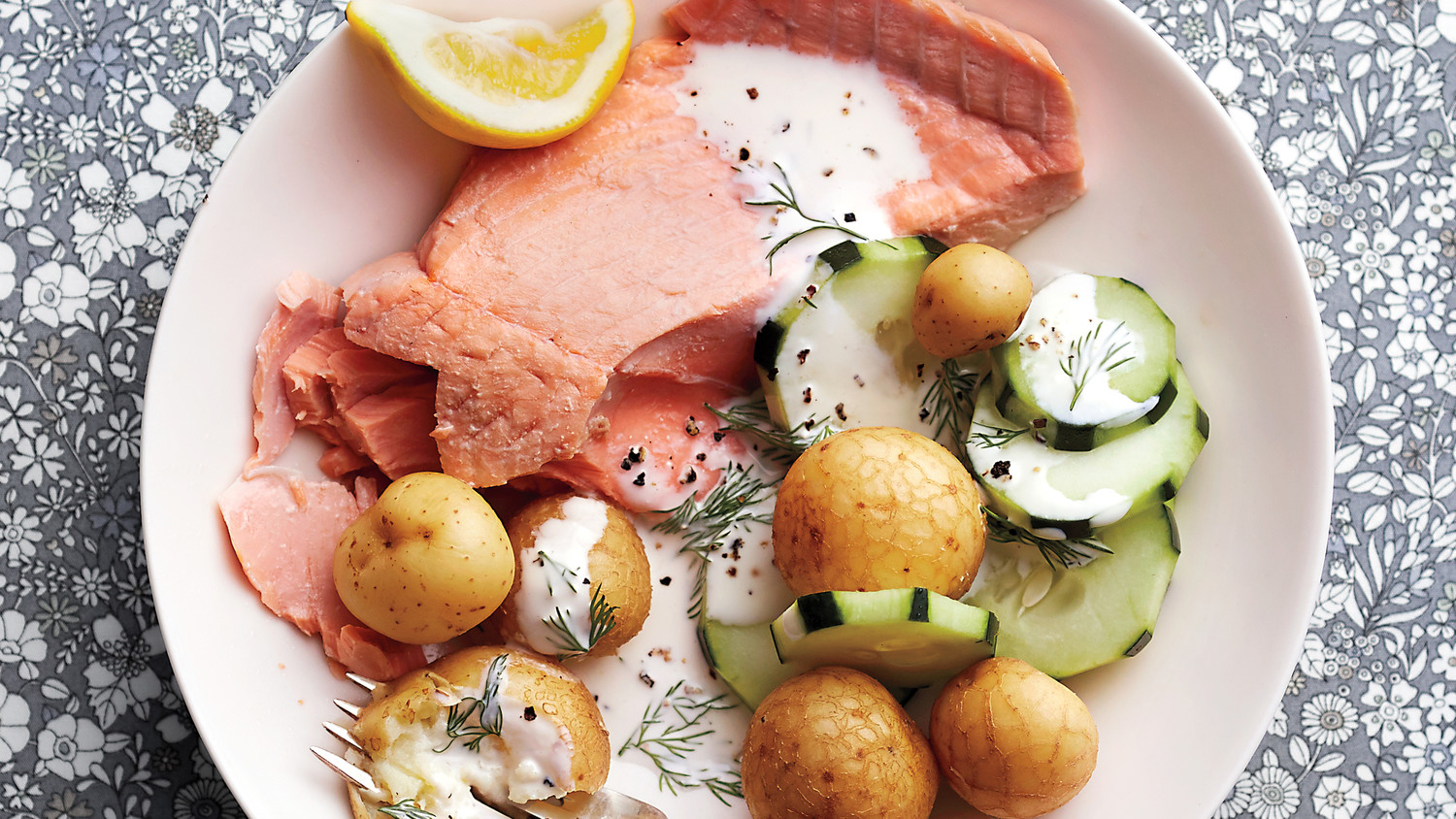 Poached Salmon With Potatoes, Cucumber, and ButtermilkDill Dressing
