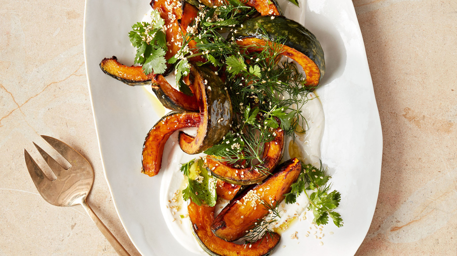 Roasted Kabocha Squash with Tahini and Herb Salad