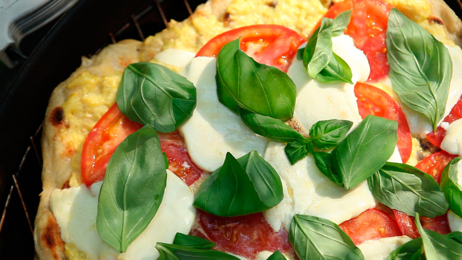 Video Grilled Pizza with Cheesy Corn, Fresh Tomatoes, and Basil